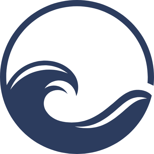 Navy blue wave logo on a white background
