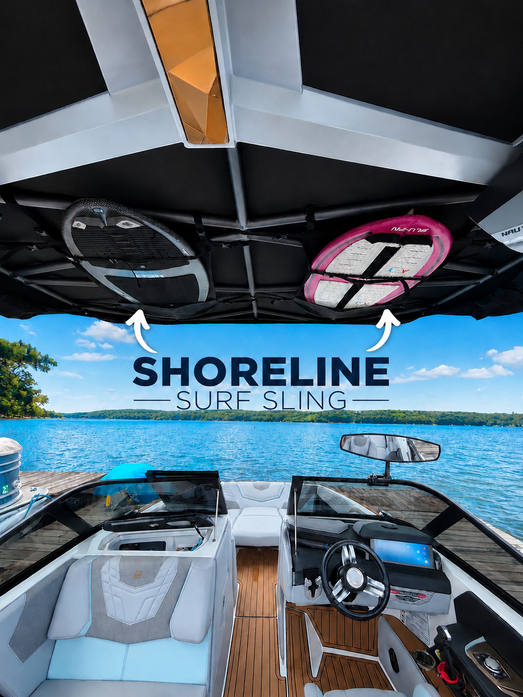 Nautique Boat with Shoreline Brands Surf Sling Bimini Storage