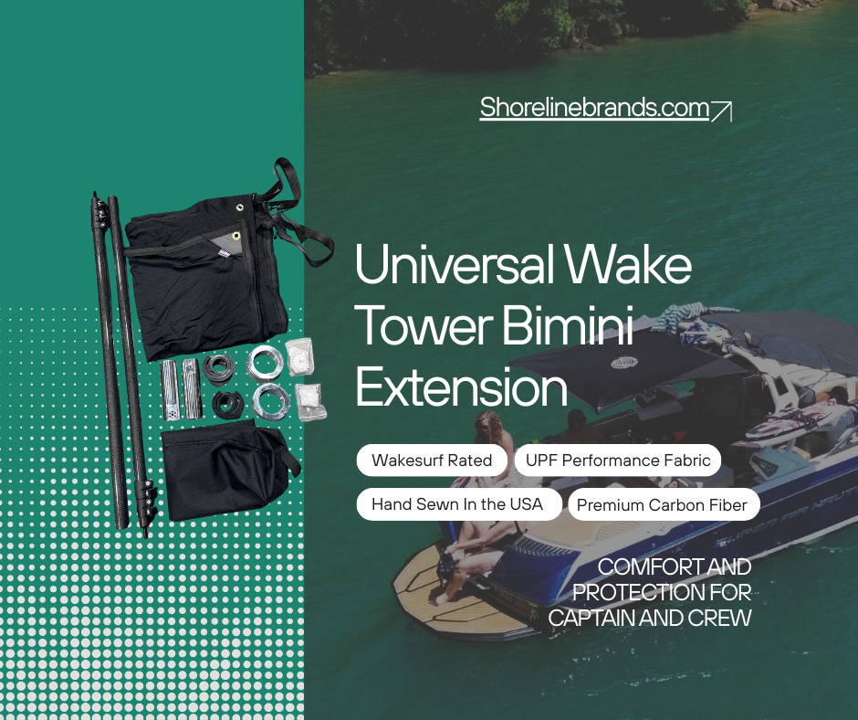 Advertisement for Universal Wake Tower Bimini Extension with product packaging and boat image on a green background.