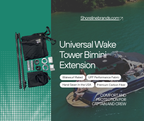 Advertisement for Universal Wake Tower Bimini Extension with product packaging and boat image on a green background.